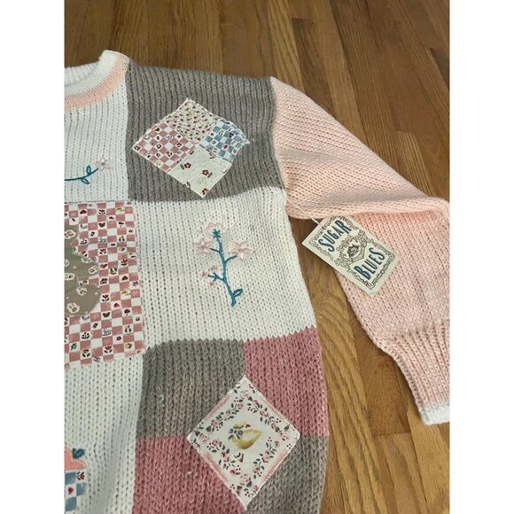 1980s vintage women's cottage core knit sweater, teddy bear and hearts, Medium - Picture 3 of 9
